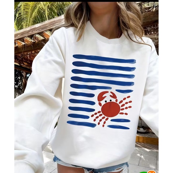 Tops - White Crewneck Sweatshirt with Blue Stripes and Crab Graphic